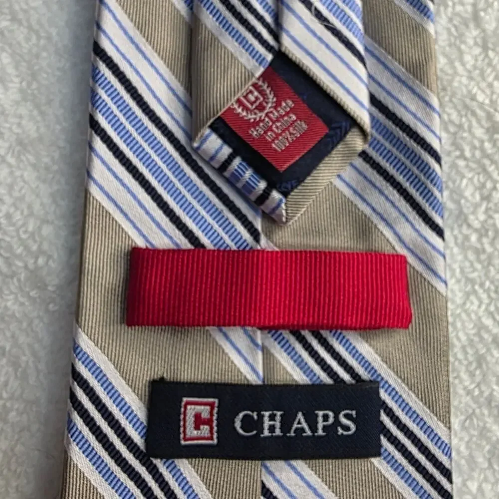 Chaps tan blue white diagonal stripe silk tie - 57.5